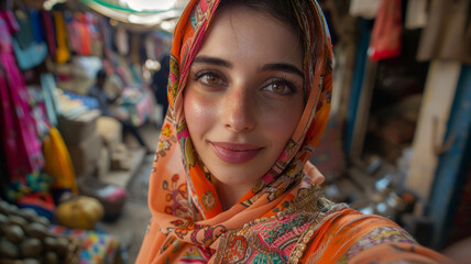 Obraz premium Young woman smiling in a market setting