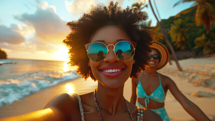 Two women taking a selfie on the beach.