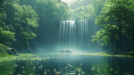 Serene Waterfall in Lush Green Forest - obrazy, fototapety, plakaty