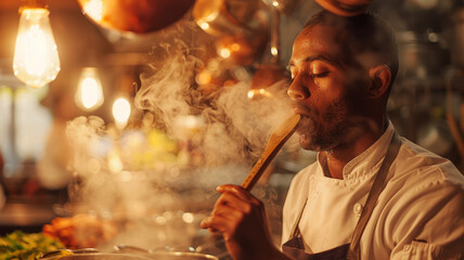 Chef tasting dish in a kitchen