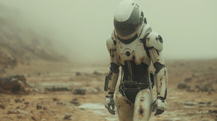 Astronaut Trudging Through Martian Terrain - obrazy, fototapety, plakaty
