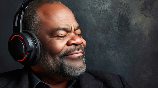 Senior african american man wearing headphones, listening music. Ultraviolet background.