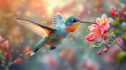 Hummingbird Feeding from Pink Blossoms - obrazy, fototapety, plakaty