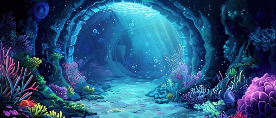 A colorful underwater scene with a tunnel in the middle. The tunnel is surrounded by a variety of sea creatures and plants