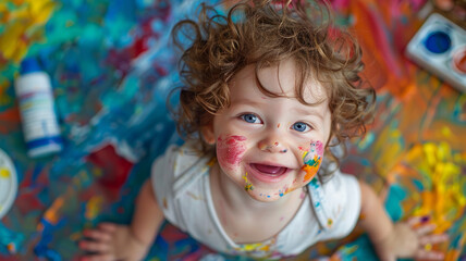 A toddler girl covered in paint smiling