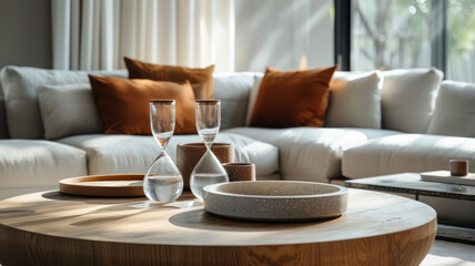Fototapeta na wymiar Modern living room with hourglass on table