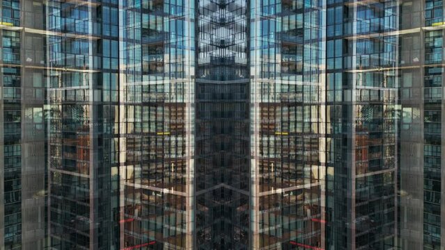 double exposure and mirror effect of modern tall skyscraper building, symmetry glass and metal exterior, creative tech abstract background 4k