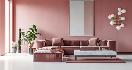 Modern Home Design. Cozy Pink Living Room Interior Design Featuring Stylish Sofa, Coffee Table, Flower, Mock-Up Poster, Carpet, Decorations, Pillows, chair, and Personal Accessor. Template 