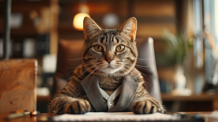 Photo of a cat dressed in a suit at a desk