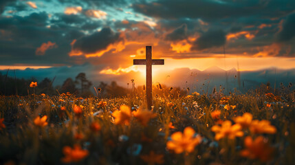 Cross at sunset in a field, symbolizing faith in Jesus Christ and the concept of salvation. Suitable for religious and spiritual usage. - obrazy, fototapety, plakaty