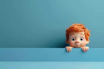 A cartoon boy with red hair is looking out of a window. The boy is looking at something outside. Scene is curious and playful. 3D illustration design