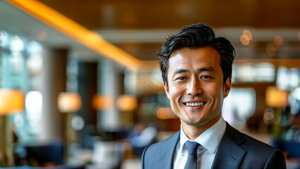 Portrait of a happy smiling handsome professional Asian Japanese businessman manager standing in his modern business company office. - obrazy, fototapety, plakaty