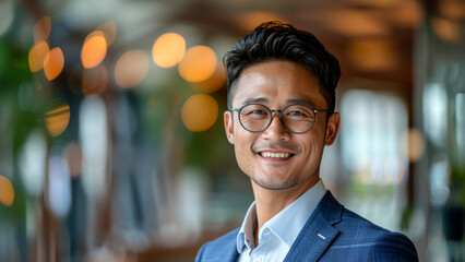 Fototapeta premium Portrait of a happy smiling handsome professional Asian Japanese businessman manager standing in his modern business company office.