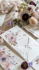 Elegant Watercolor Wedding Invitation Suite with Floral Design and Calligraphy Generative AI