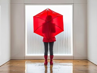 Woman Holding Red Umbrella in Room