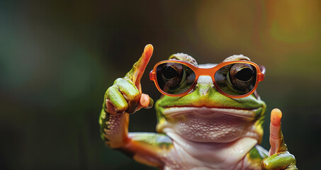 A frog wearing sunglasses and thumbs up. a frog looking dumb pointing fingers, wearing sunglasses. web banner funny birthday party card invitation - obrazy, fototapety, plakaty