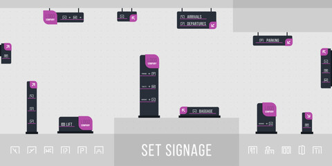 external and internal signs. Direction, pole, wall mount and road signage template design system. empty space for logo, text, corporate identity color