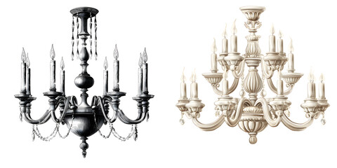 Chandelier lighting, black and white watercolor style PNG. lamps isolated on transparent background 