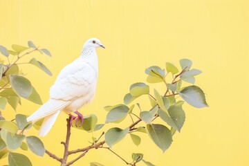 Fototapeta premium A white dove perched on a branch of a tree. With yellow background