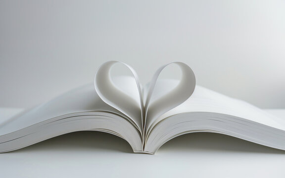 Open book with pages folded into a heart shape against minimalist white background. Love for reading and literature concept. Banner for World Book Day event with copy space.  