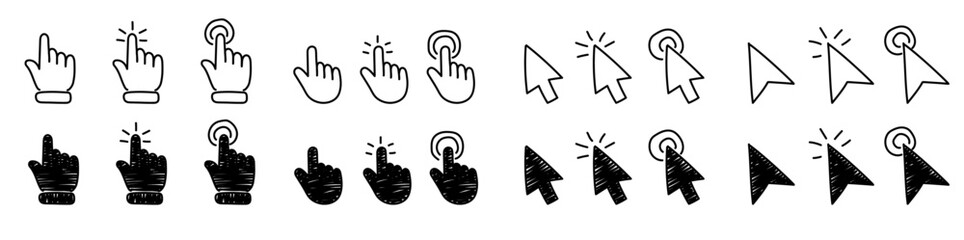 Doodle click set. Hand drawn line mouse cursor. Mouse cursor click. Tap here. Finger pointer. Sketch vector illustration