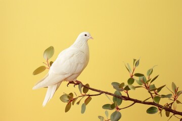 Obraz premium A white dove perched on a branch of a tree. The bird is looking up at the sky