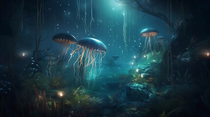 Glowing Depths: A Serene Underwater World Illuminated by Bioluminescence