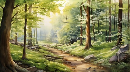 Tranquil Forest Glow: A Serene Woodland Scene in Golden Sunlight