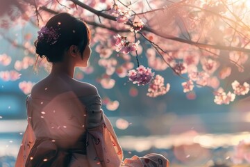 A woman is sitting under a tree with pink blossoms. The scene is serene and peaceful, with the...