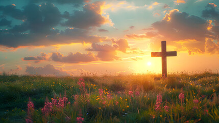 Cross at sunset in a field, representing Ascension Day concept and faith in Jesus Christ. - obrazy, fototapety, plakaty