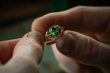 hand putting a green stone in the ring closeup, a hand and a green stone ring, stone ring closeup on hand, ring stone closeup, ring closeup
