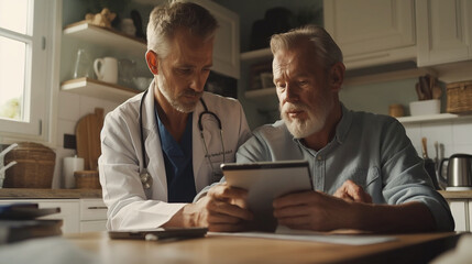 A focused young doctor and his older patient review medical records on a digital tablet together, the room's natural light casting gentle shadows across the table - obrazy, fototapety, plakaty