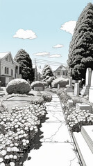 Suburban Street Illustration in Monochrome

