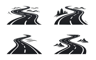 illustration of a straight and winding road leading to various landscapes.
Concept: auto travel along the highway and direction of movement.