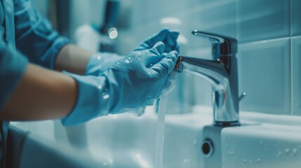 hand with gloves doing chores in the bathroom, cleaning service, Chores cleaning, bathroom cleaning service, Chores cleaning service closeup, Chores and bathroom cleaning service 