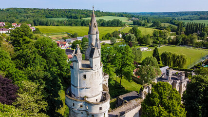 Aerial view over the Dungeon of Septmonts in Aisne, Picardie, France - Built in the 14th century, this medieval tower was used both for military and residential purposes