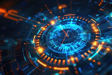 Abstract futuristic illustration of a time clock hand and digital clock face, symbolizing digital transformation in technology.  - obrazy, fototapety, plakaty