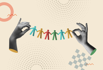 People holding hands in 80s retro collage vector illustration - 763534149