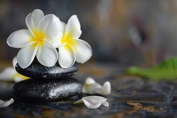 Fototapeta na wymiar A bouquet of white flowers sits on top of two black stones. The flowers are surrounded by a few petals, and the stones are placed on a dark surface. Concept of calm and serenity