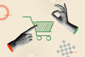 Shopping cart icon and human hands in retro collage vector illustration - obrazy, fototapety, plakaty