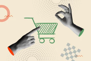 Foto auf Leinwand Shopping cart icon and human hands in retro collage vector illustration © Cienpies Design