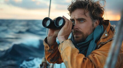 Man Looking Through Binoculars on a Boat