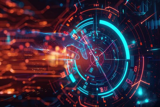 Abstract futuristic illustration of a time clock hand and digital clock face, symbolizing digital transformation in technology. 