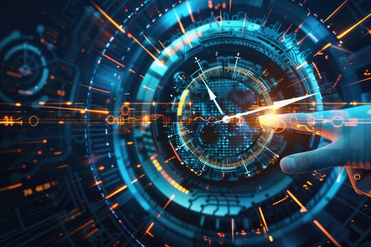 Abstract futuristic illustration of a time clock hand and digital clock face, symbolizing digital transformation in technology. 