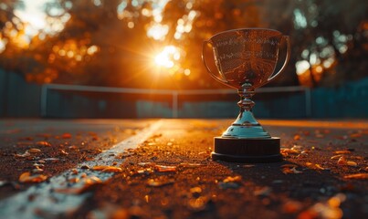 A tennis trophy standing in front of an tennis court, sunny day