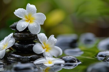 A bouquet of white flowers is placed on top of a stack of black stones. The flowers are surrounded by water, creating a serene and calming atmosphere. The combination of the delicate flowers