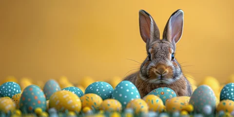 Gardinen Rabbit Sitting in a Field of Colorful Eggs © yganko