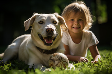 Young Girl and Labrador Retriever Lying on the Grass with a Small Ball