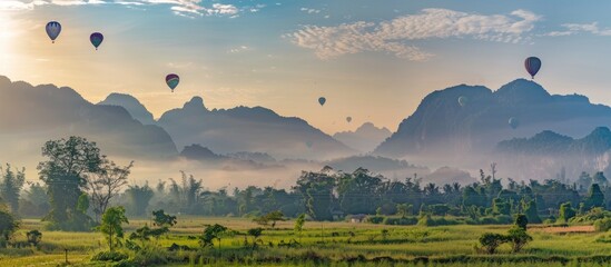 beautiful mountain with hot air balloons on morning