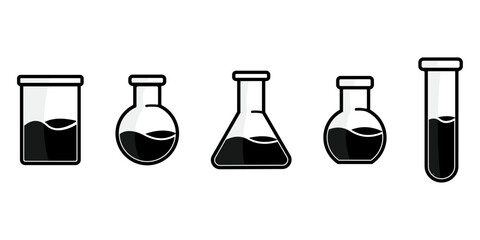 Vector drawing of glass tubes, flasks for chemical experiments. Glass flask for alchemy, magic drinks. A set of flasks for the design of magical rituals. - obrazy, fototapety, plakaty